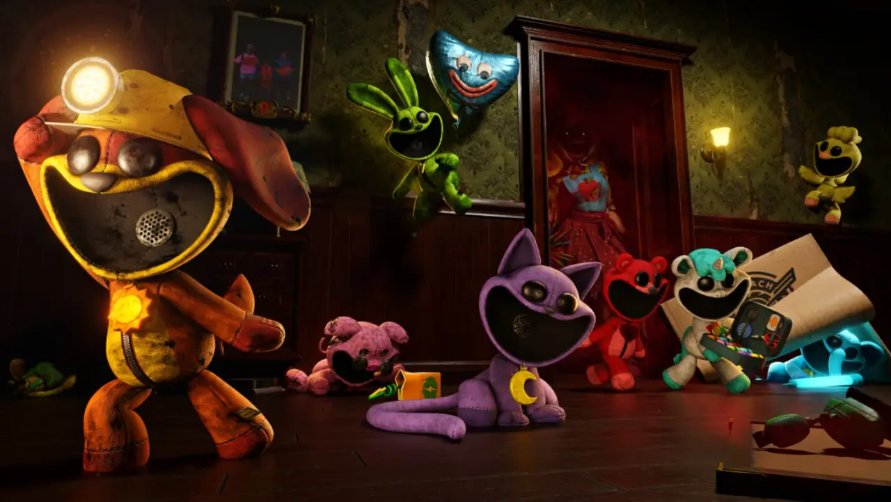 Smiling Critters beside Barry in official Escape from Playtime artwork